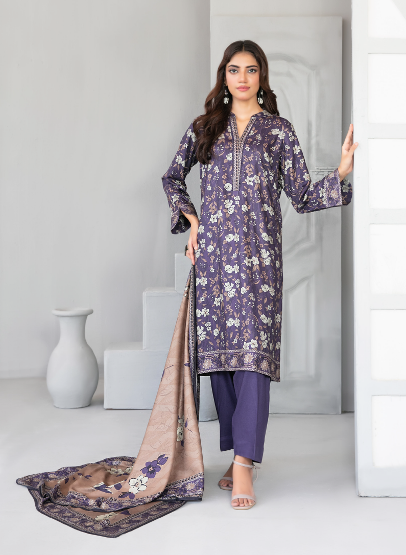 Purple Floral Printed 3-Piece Suit with Beige Printed Dupatta