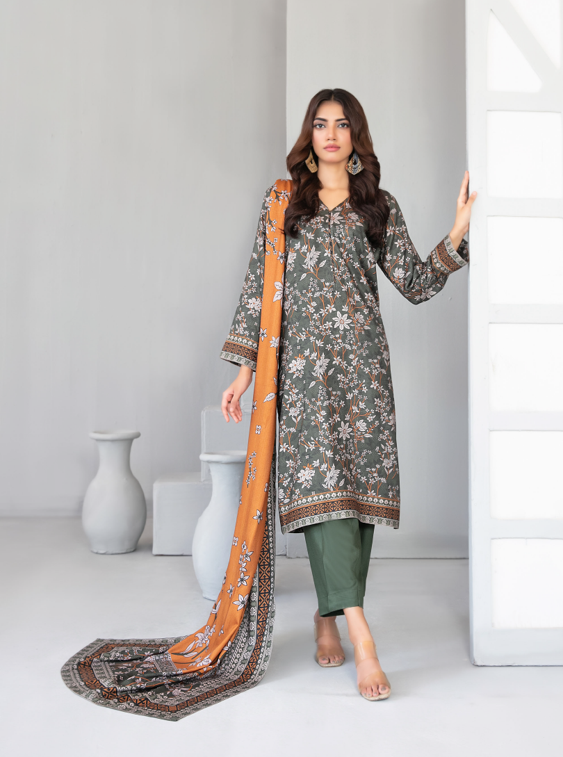 Charcoal Grey Floral Printed 3-Piece Suit with Mustard Dupatta