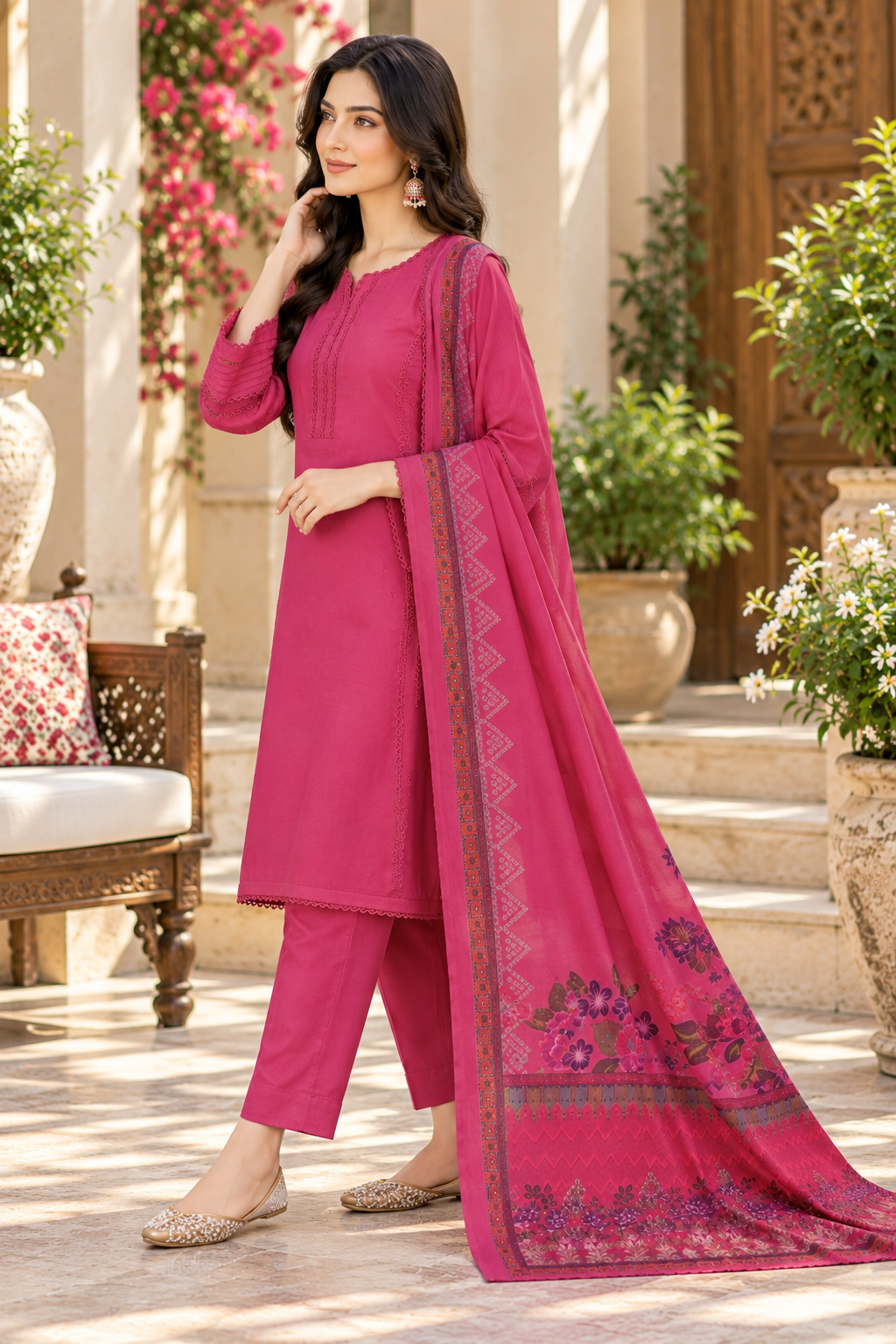 Fuchsia Pink Dhanak 3-Piece Suit with Matching Dhanak Shawl