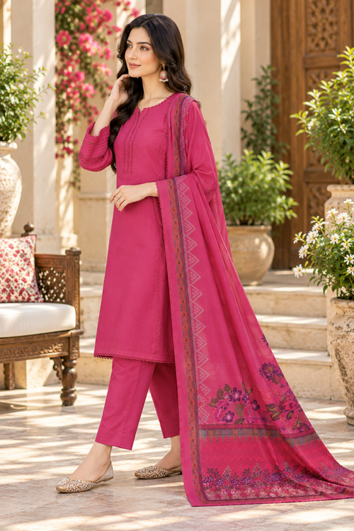 Fuchsia Pink Dhanak 3-Piece Suit with Matching Dhanak Shawl