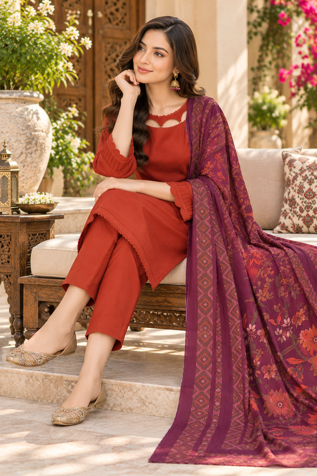 Rust Orange Dhanak 3-Piece Suit with Printed Plum Dhanak Shawl