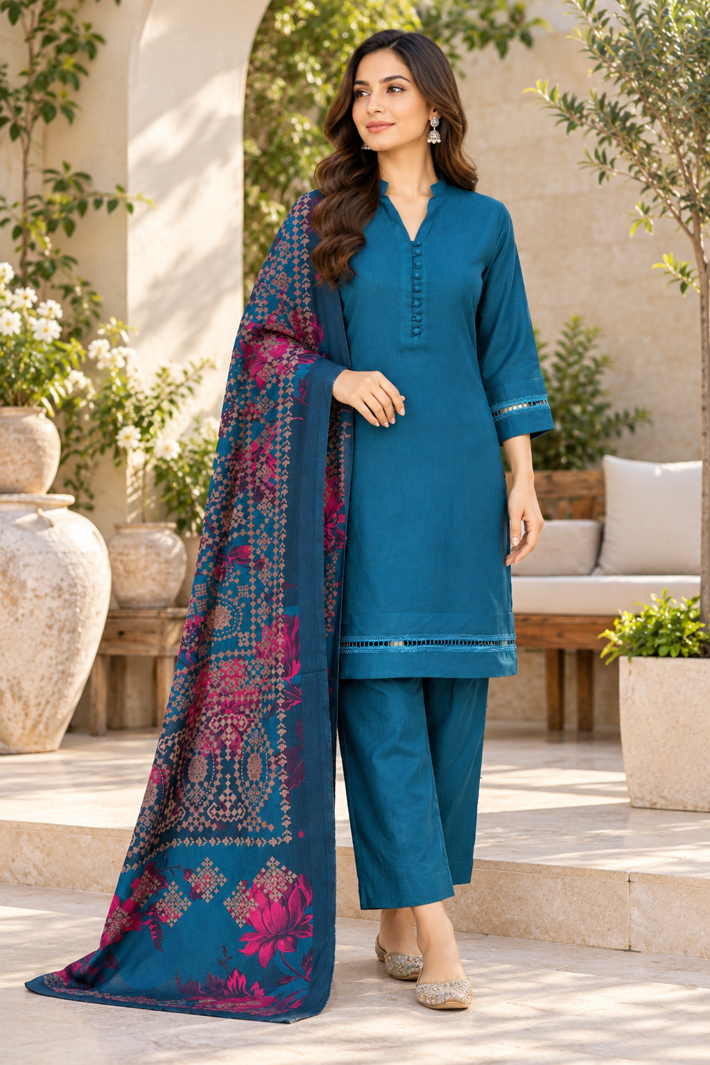 Teal Blue Dhanak 3-Piece Suit with Printed Dhanak Shawl