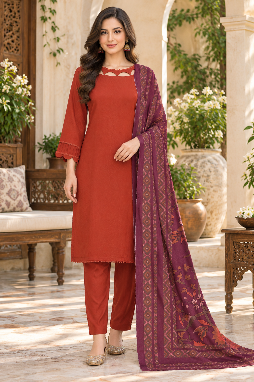 Rust Orange Dhanak 3-Piece Suit with Printed Plum Dhanak Shawl