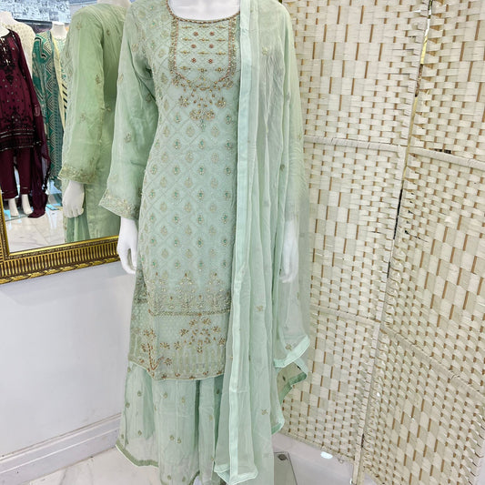 3pc Mint Green sharra suits with pearl work