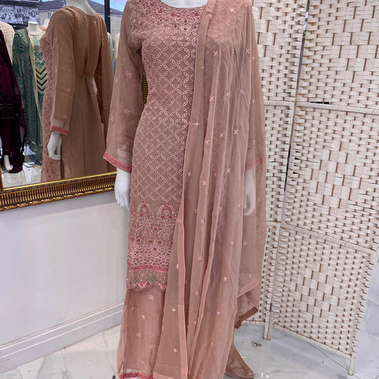 3pc Peach sharara suit with pearl work