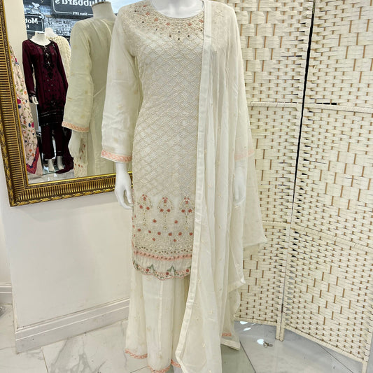 3pc Off white sharara suit with pearl work