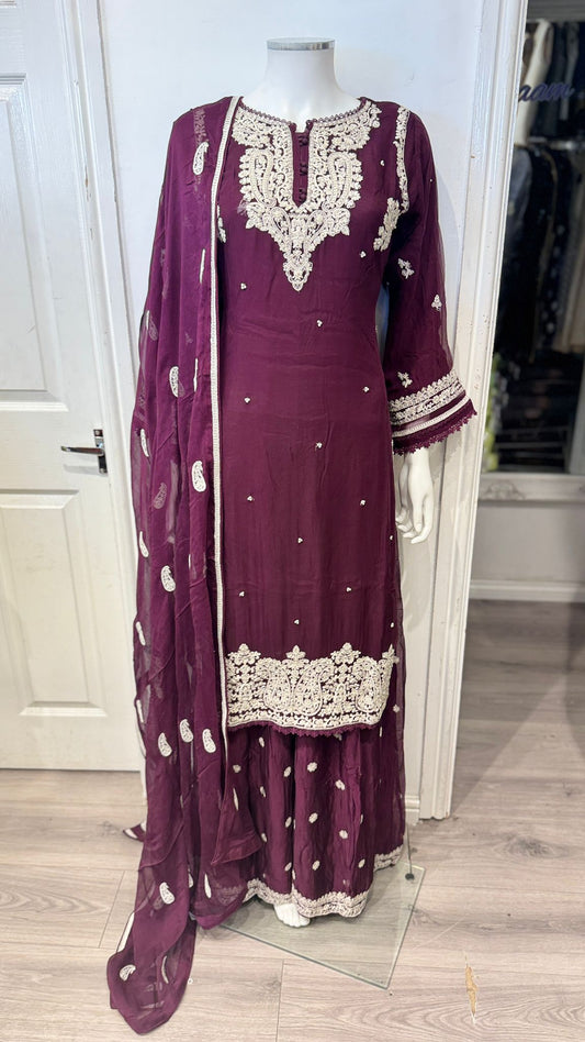 Plum sharara suit with white embroidery