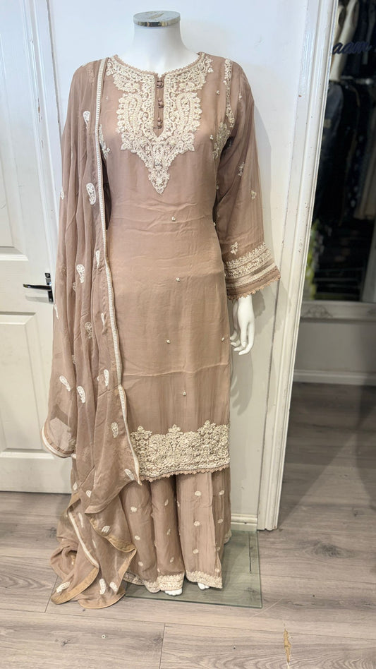 Dusty pink sharara suit with white embroidery