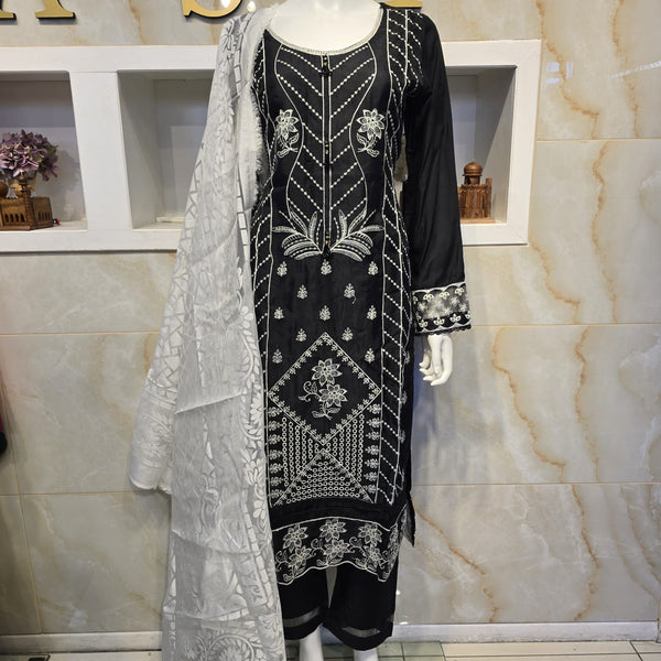 Black and grey Viscose Embroidery Suit