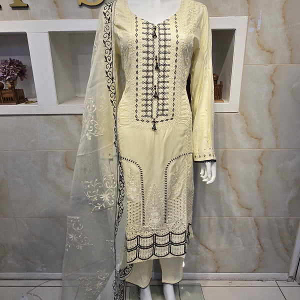 Vanilla Viscose Embroidery Suit
