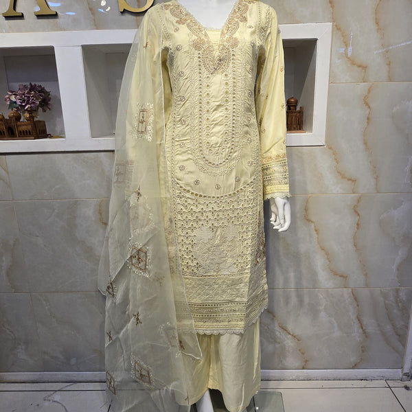 Tan Brown Viscose Embroidery Suit