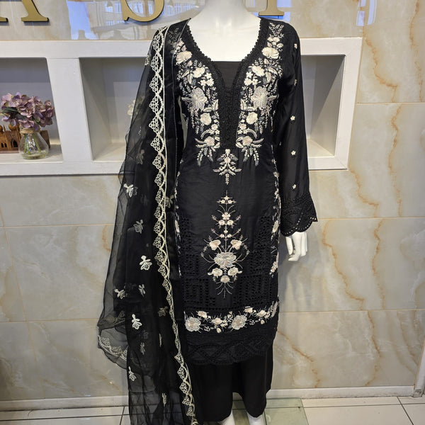 Black  Viscose Embroidery Suit