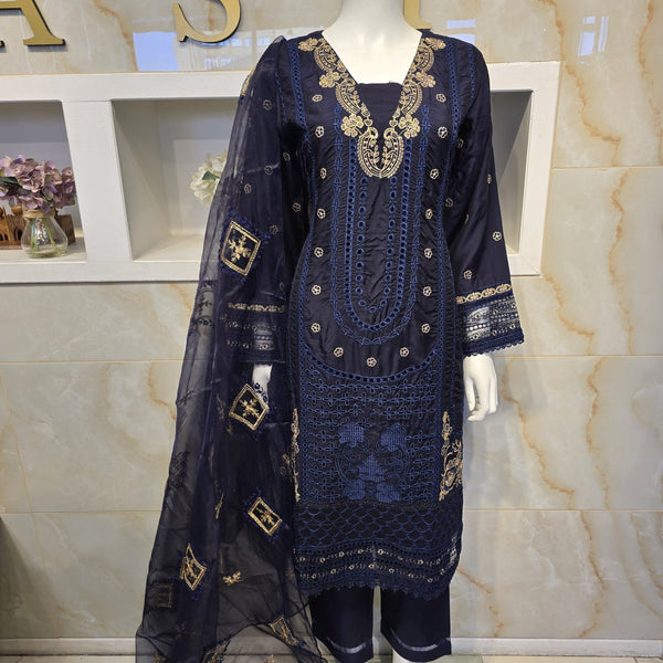 Blue Viscose Embroidery Suit