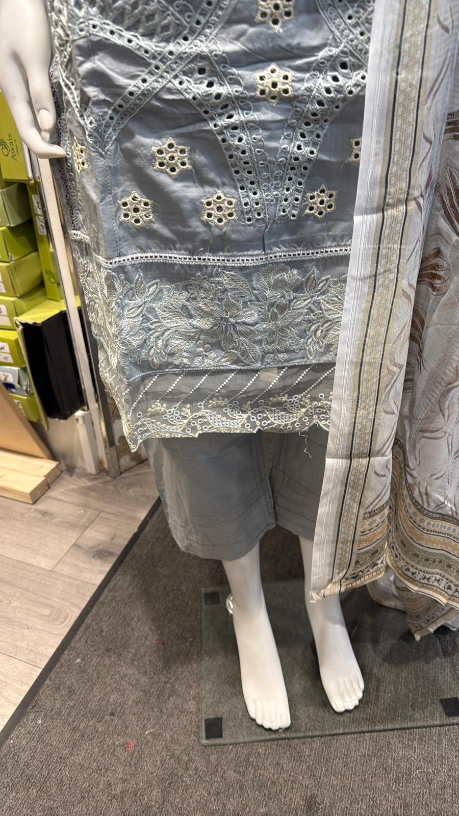 3pc Gray Cotton suit with silk Dupatta
