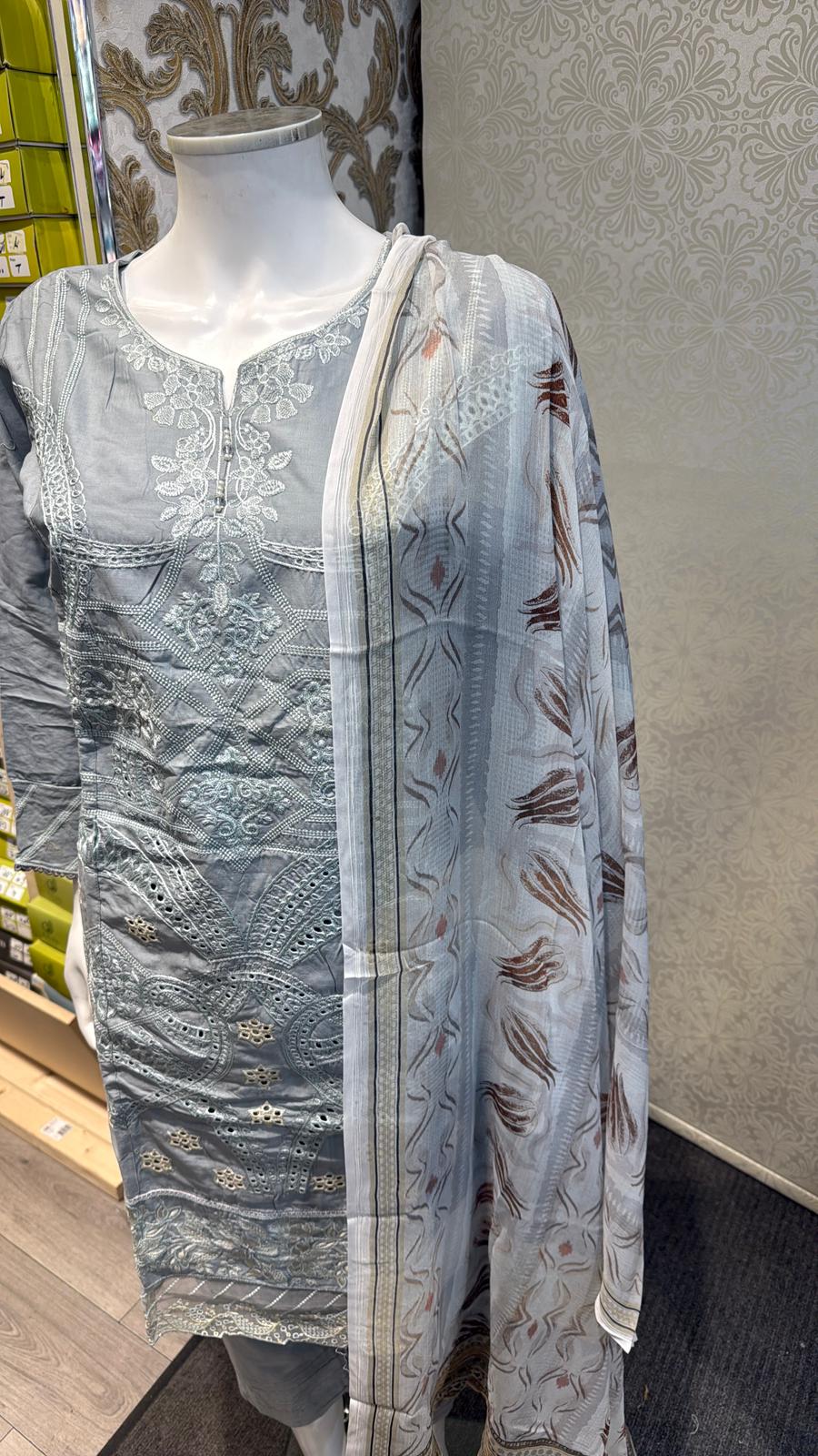 3pc Gray Cotton suit with silk Dupatta