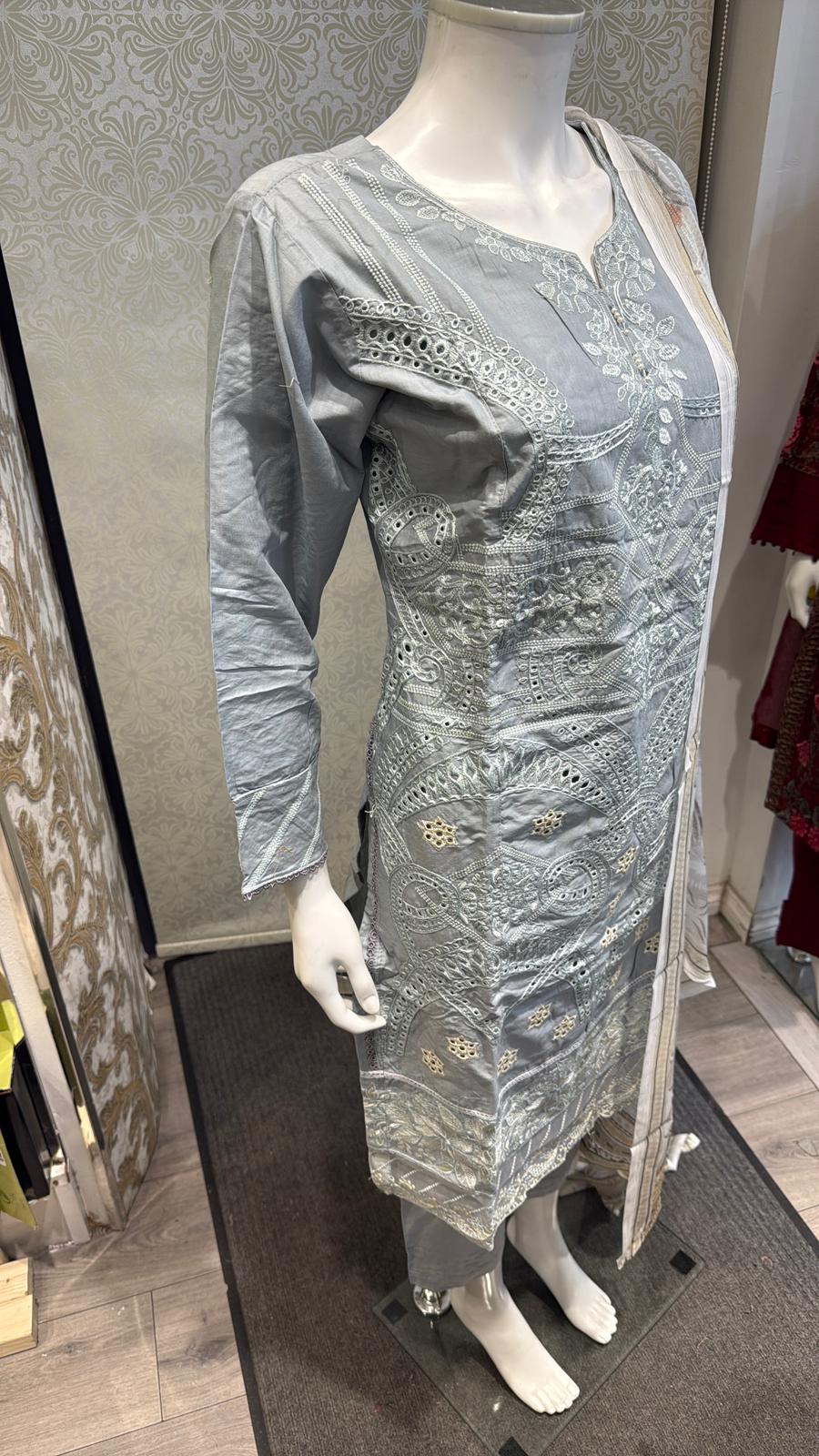 3pc Gray Cotton suit with silk Dupatta
