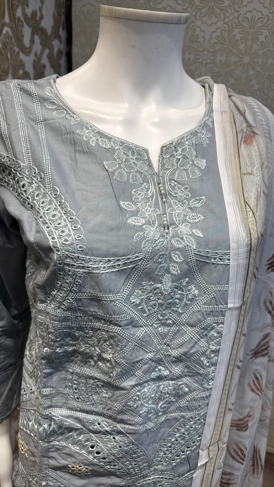 3pc Gray Cotton suit with silk Dupatta