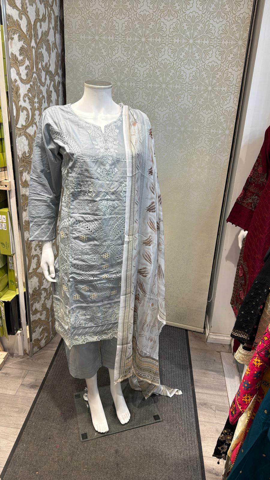 3pc Gray Cotton suit with silk Dupatta