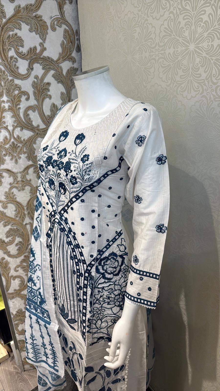 3pc Dove Grey Cotton suit with silk Dupatta