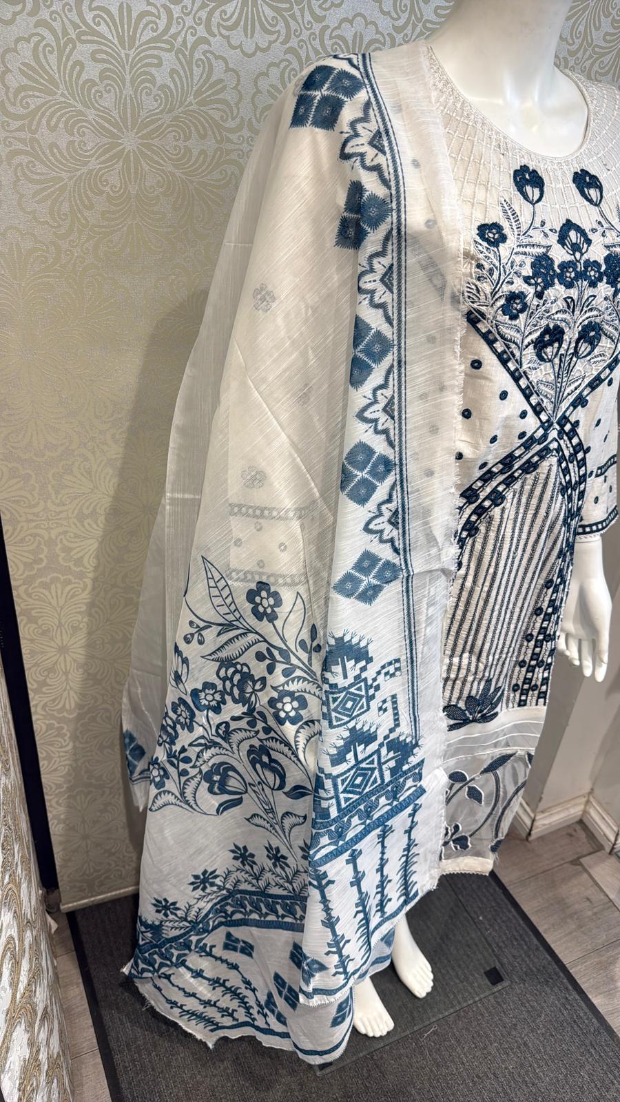 3pc Dove Grey Cotton suit with silk Dupatta