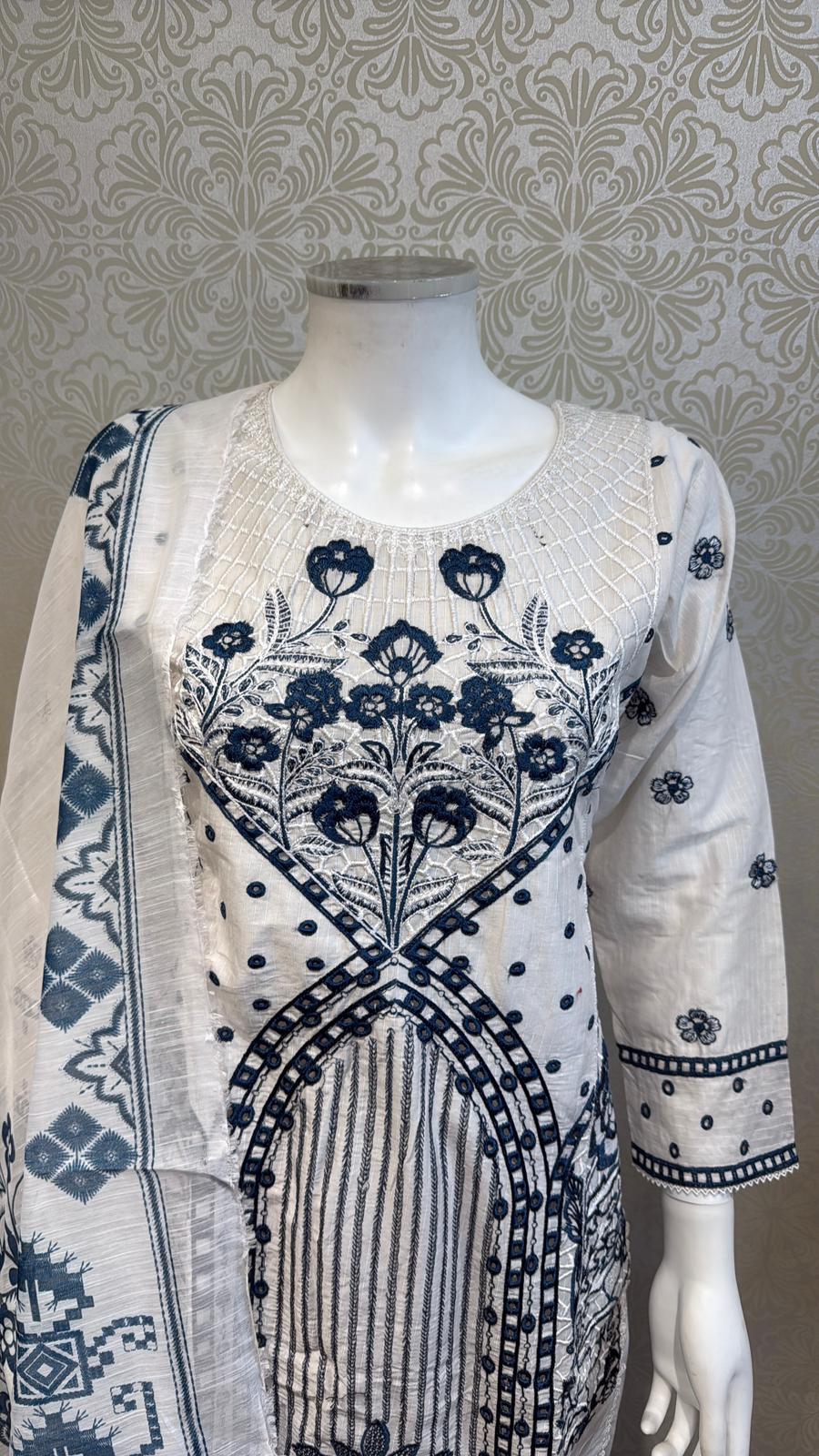 3pc Dove Grey Cotton suit with silk Dupatta