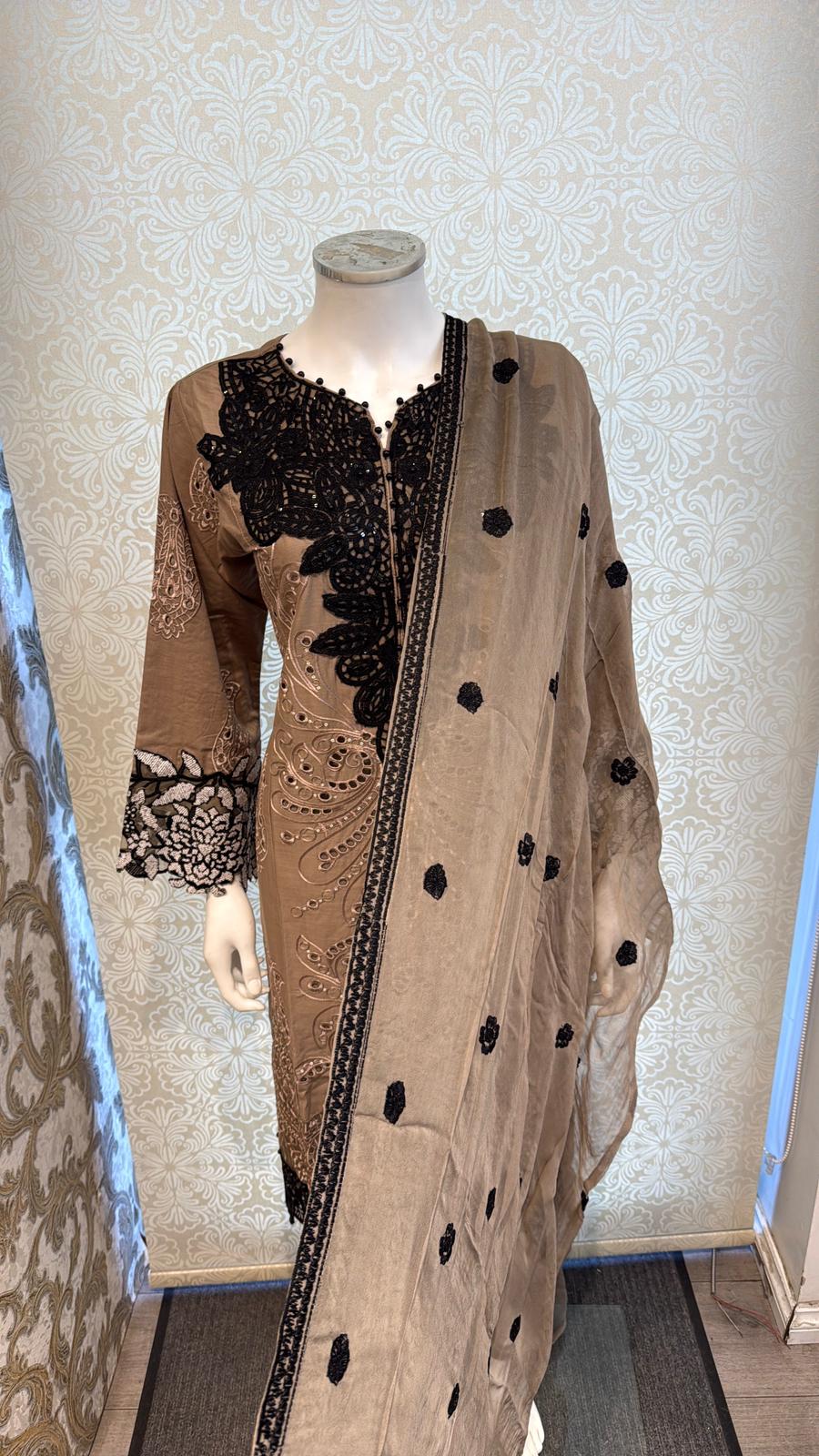 3pc Mocha Brown Cotton suit with silk Dupatta