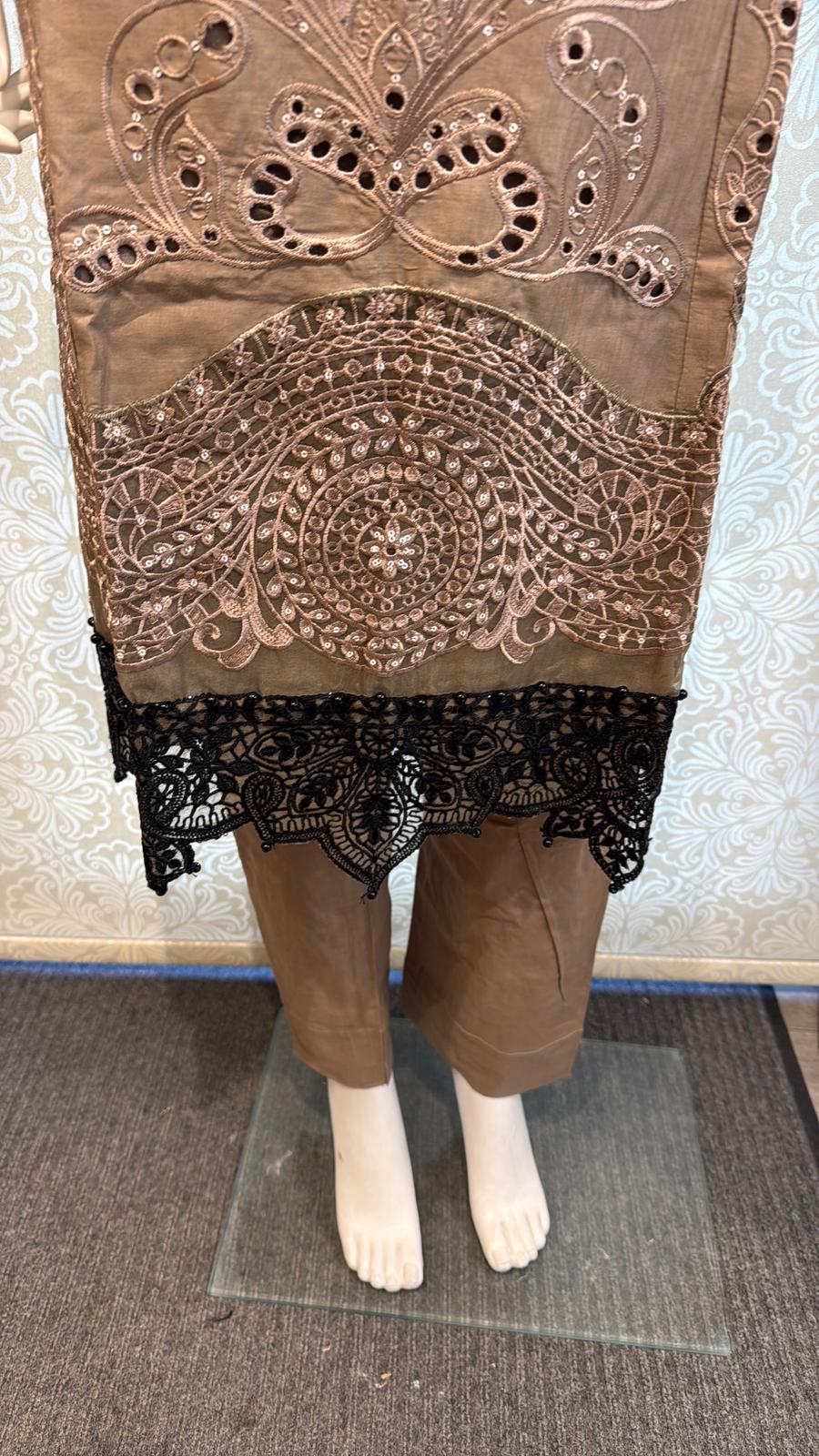 3pc Mocha Brown Cotton suit with silk Dupatta