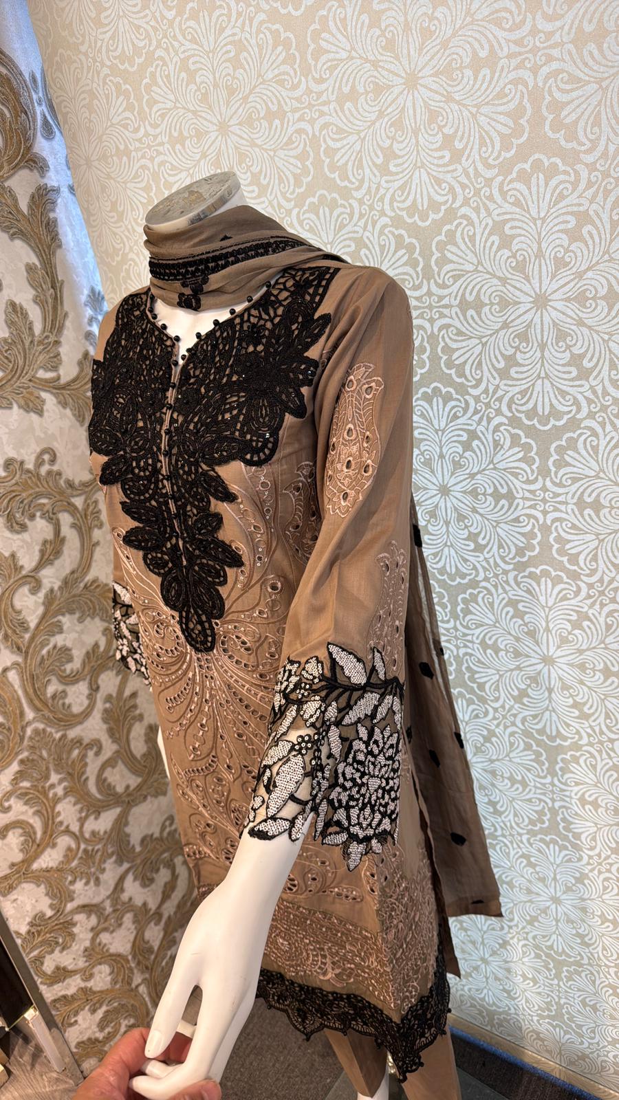 3pc Mocha Brown Cotton suit with silk Dupatta
