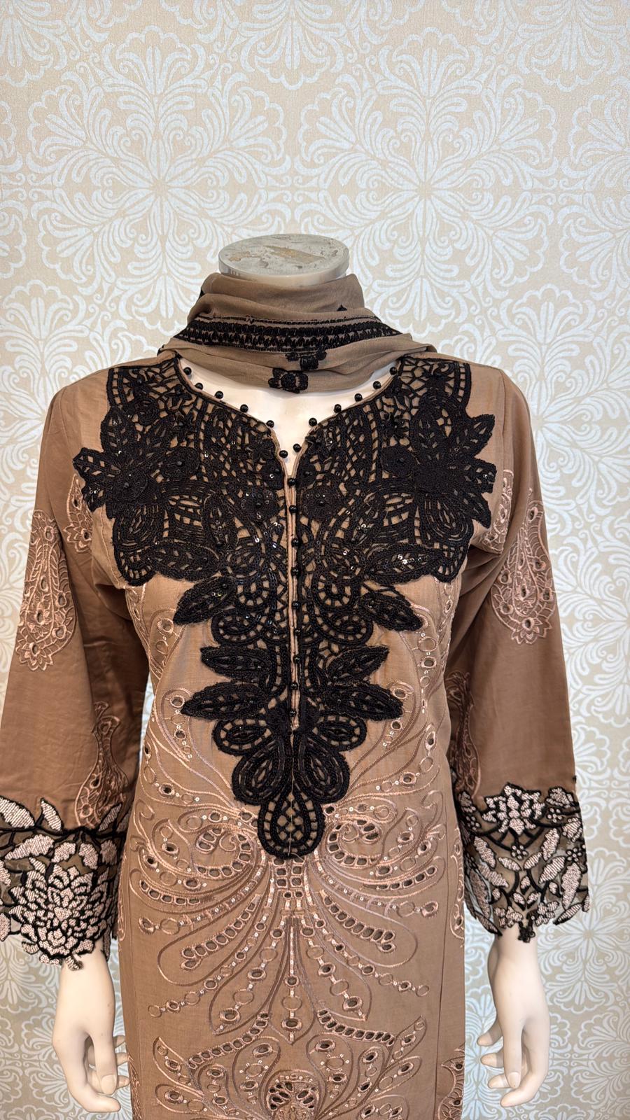 3pc Mocha Brown Cotton suit with silk Dupatta