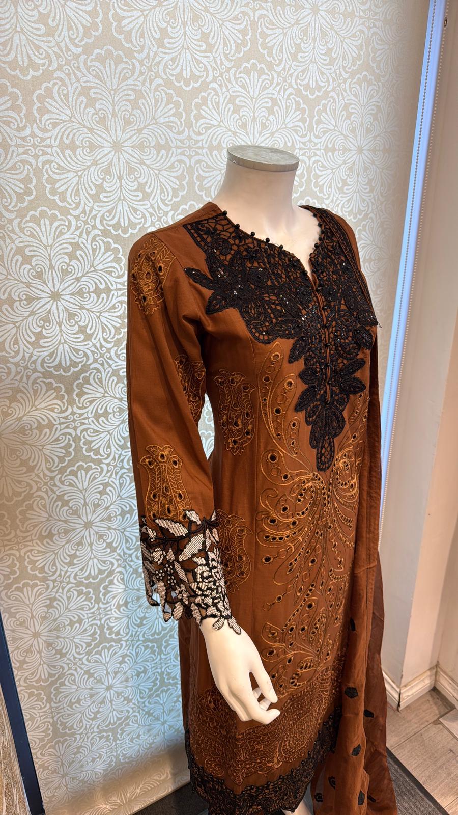 3pc Dark Walnut Cotton suit with silk Dupatta