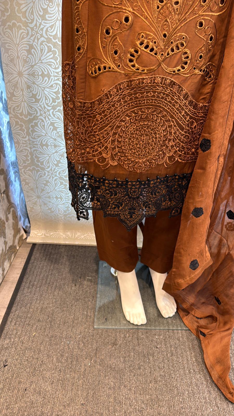 3pc Dark Walnut Cotton suit with silk Dupatta