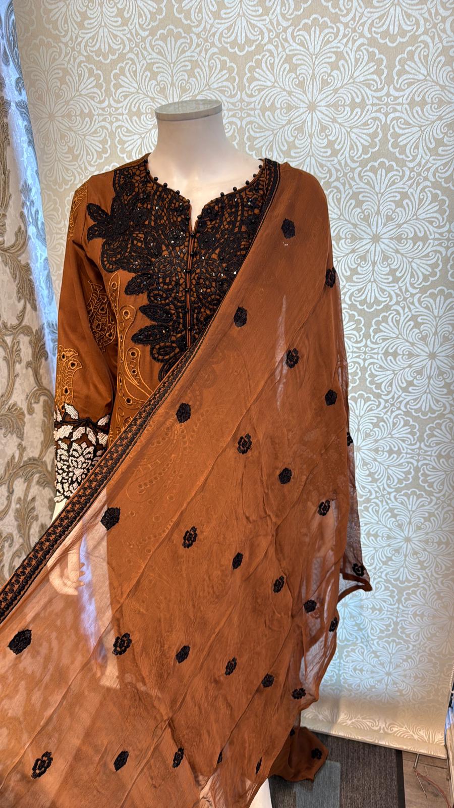3pc Dark Walnut Cotton suit with silk Dupatta
