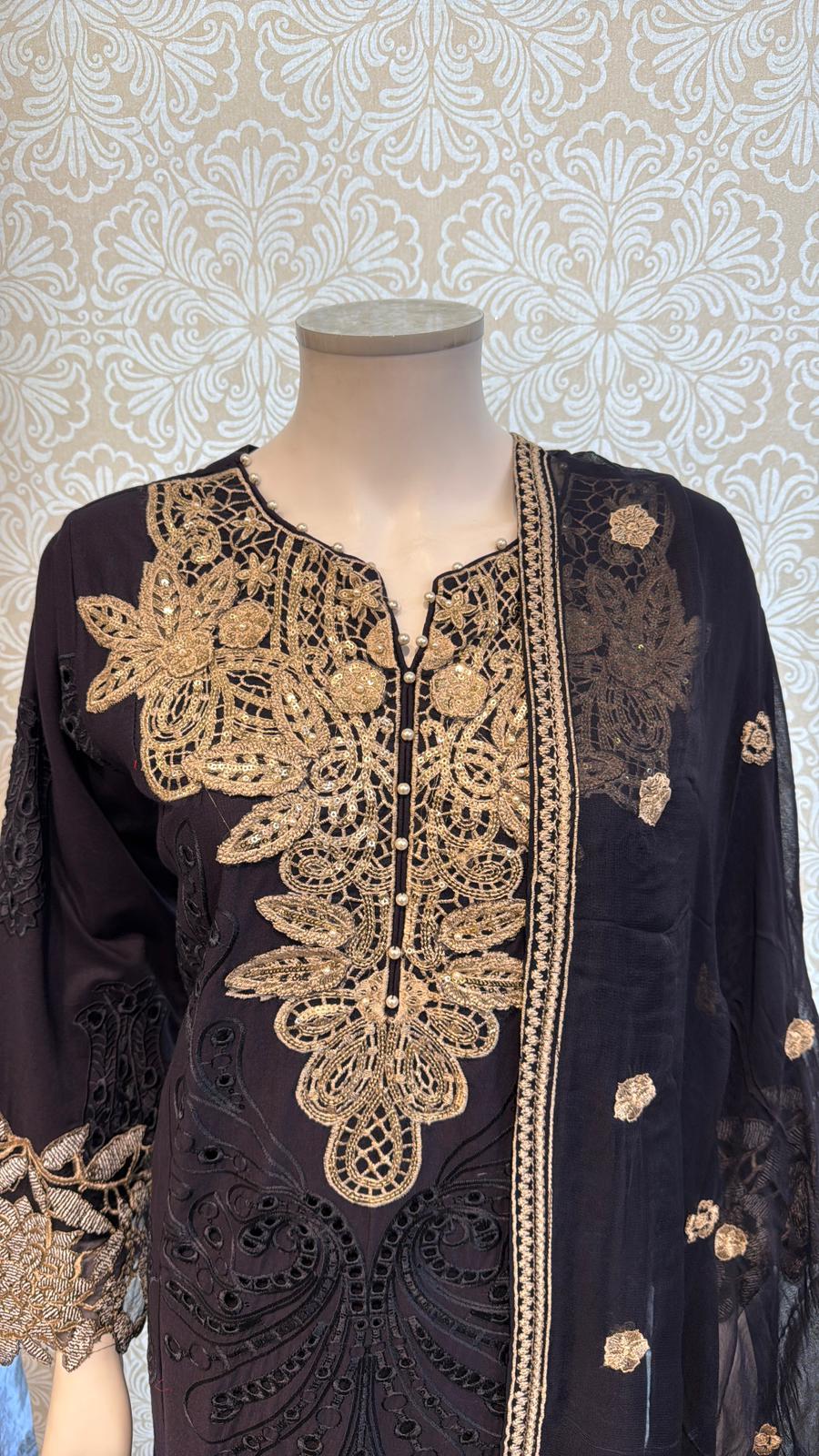 3pc Charcoal Black Cotton suit with silk Dupatta