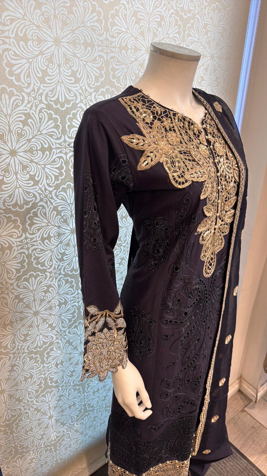 3pc Charcoal Black Cotton suit with silk Dupatta