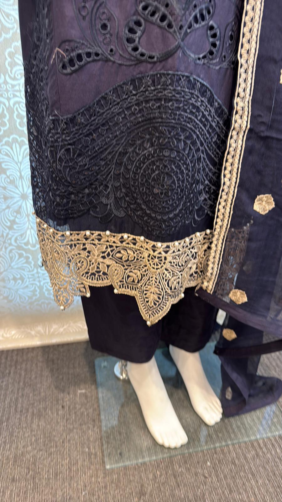 3pc Charcoal Black Cotton suit with silk Dupatta