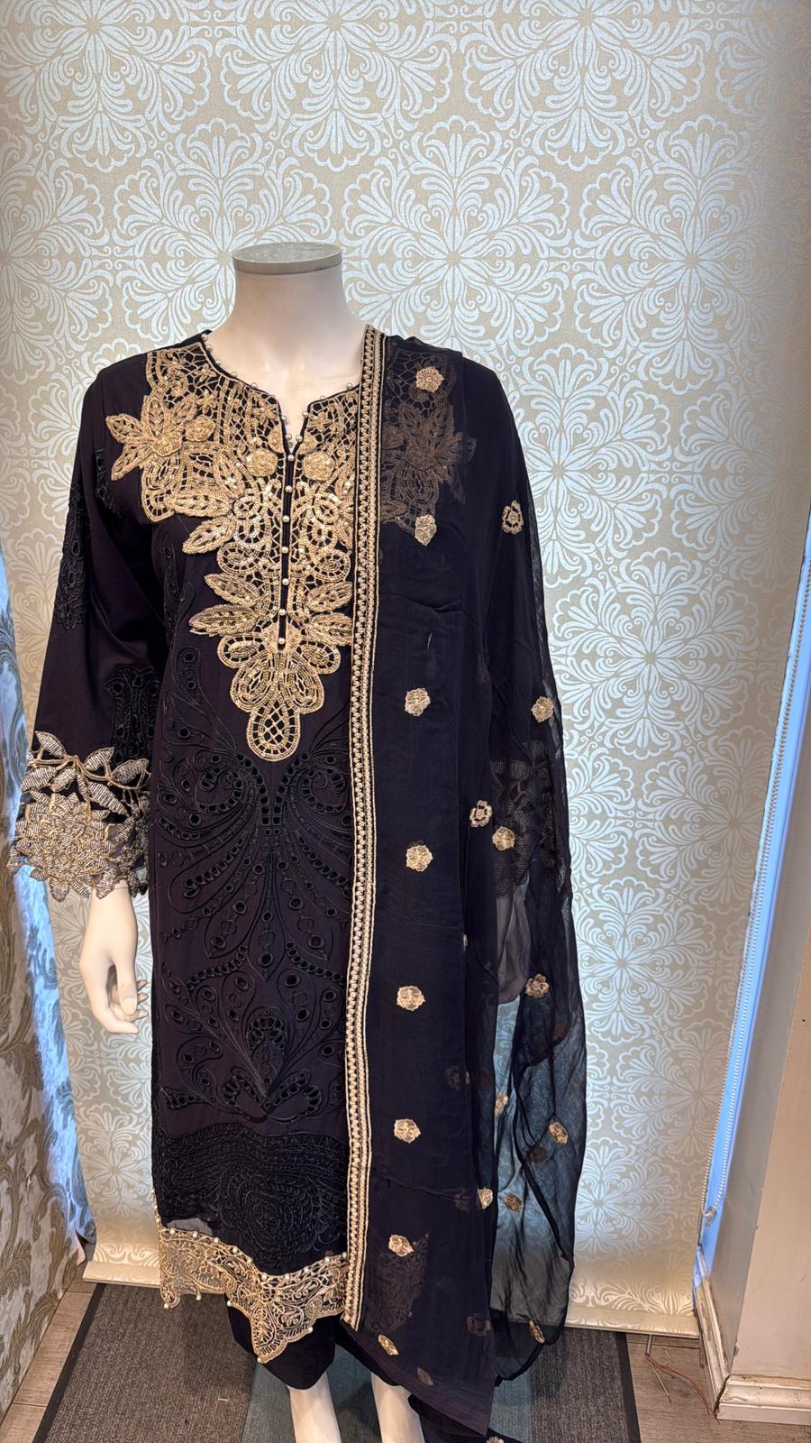 3pc Charcoal Black Cotton suit with silk Dupatta