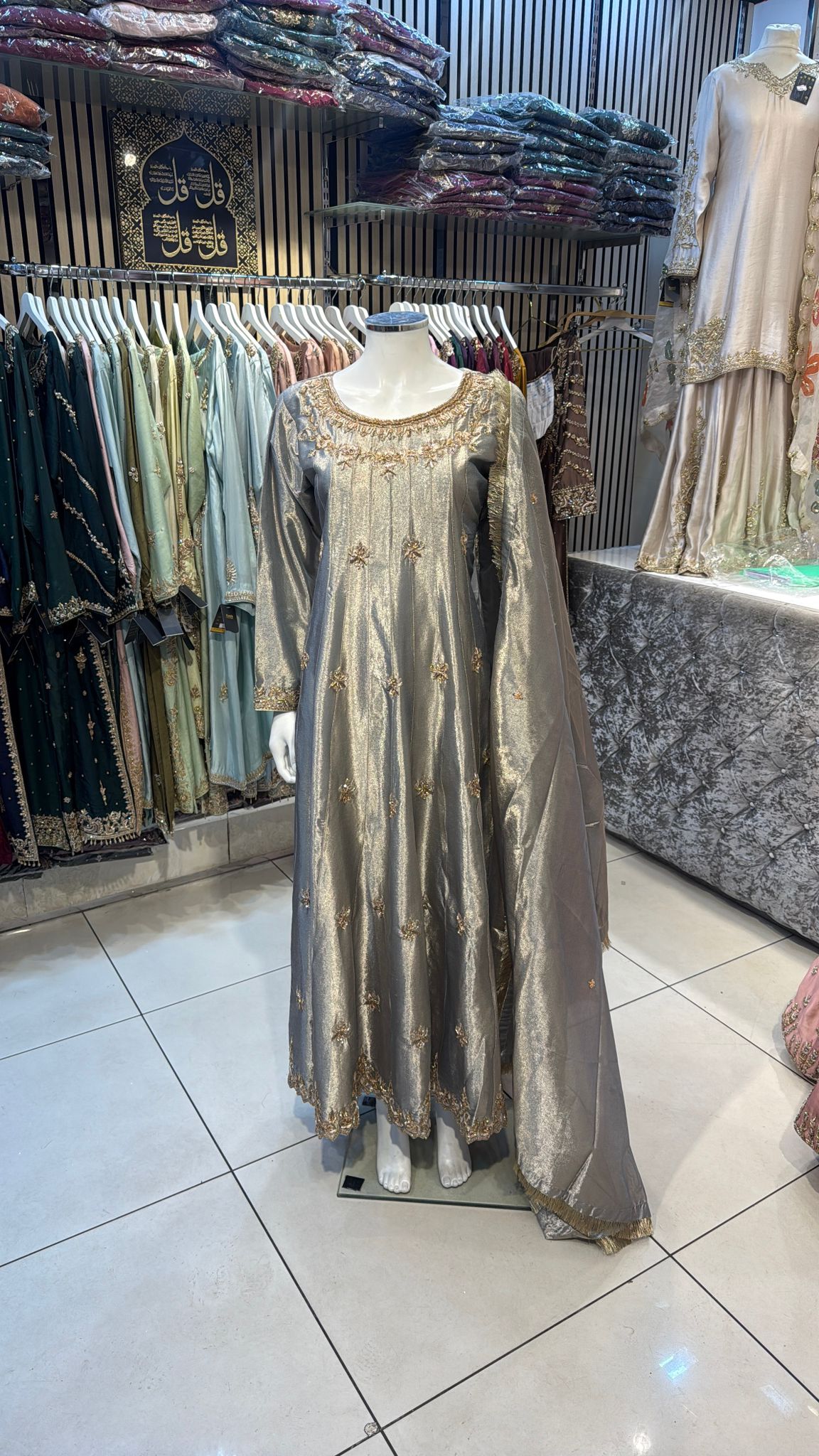 Slate Gray Organza Frok with Dupatta