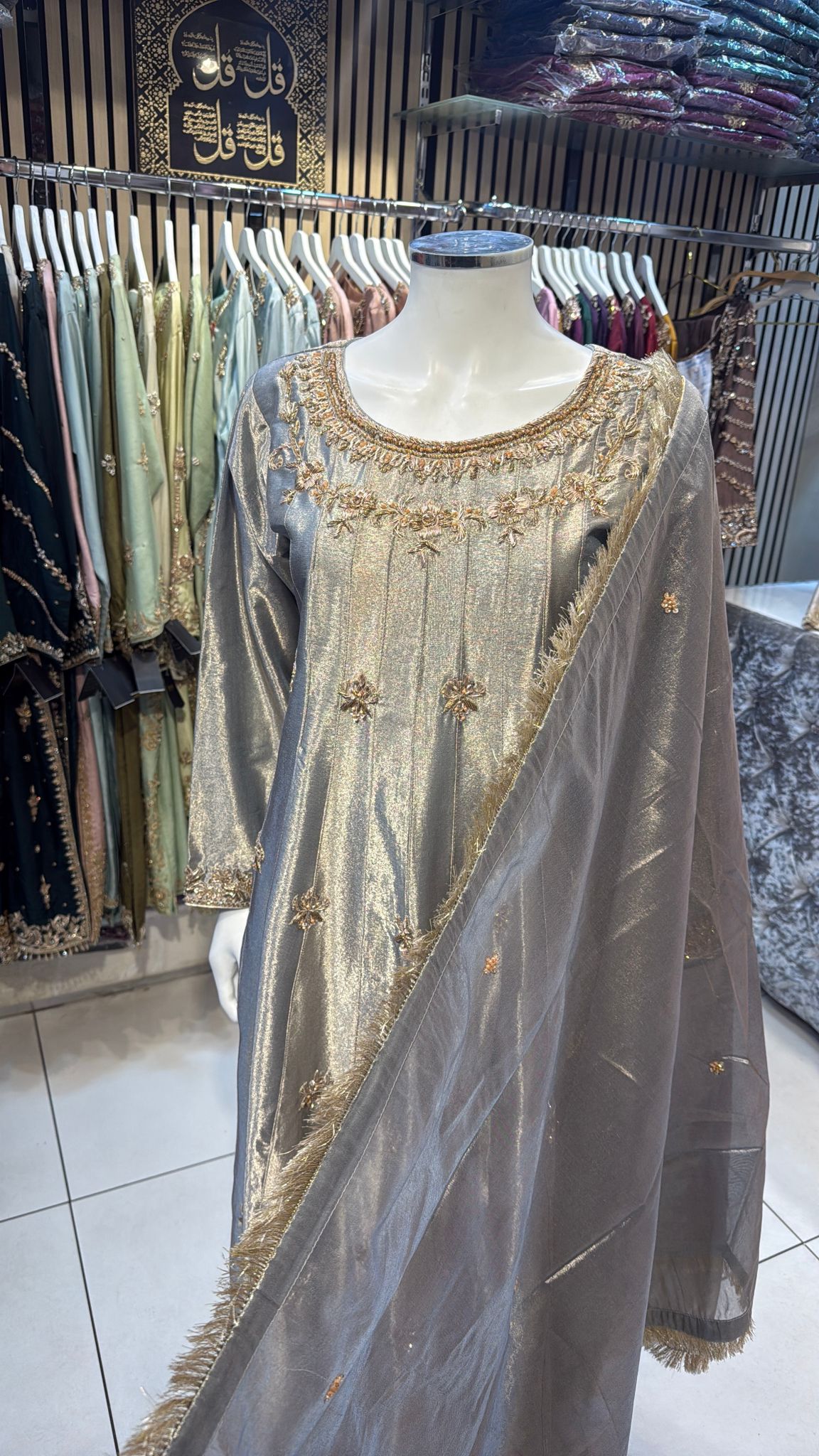 Slate Gray Organza Frok with Dupatta