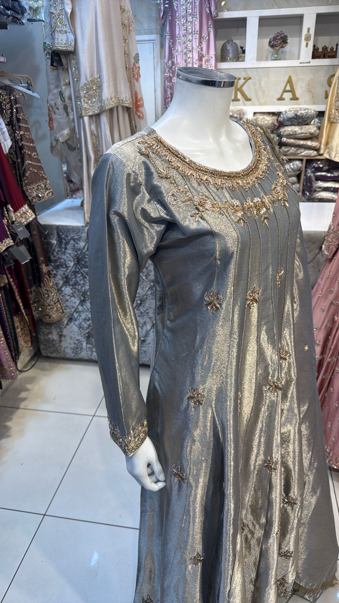 Slate Gray Organza Frok with Dupatta