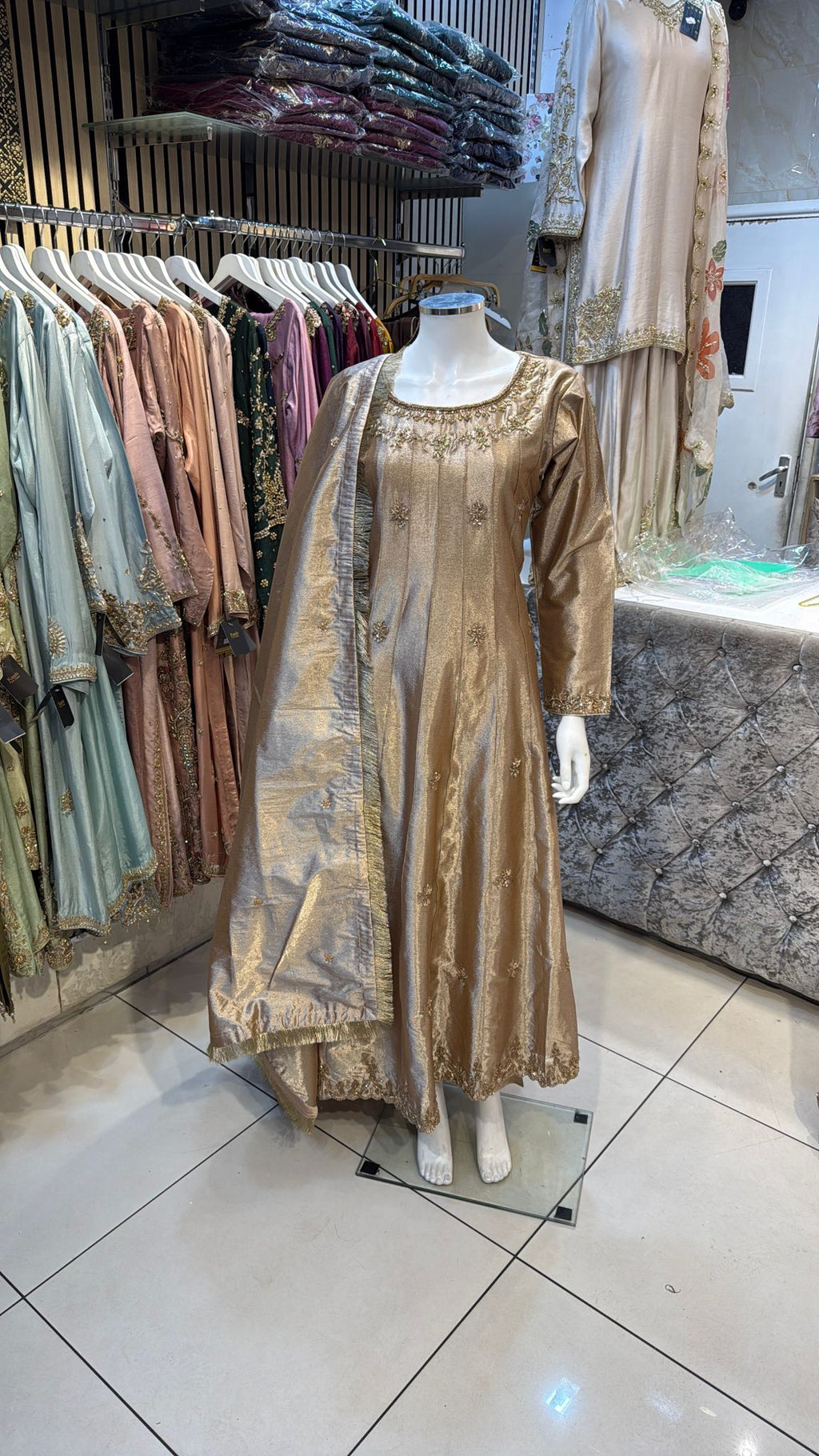 Sandy Brown Organza Frok with Dupatta