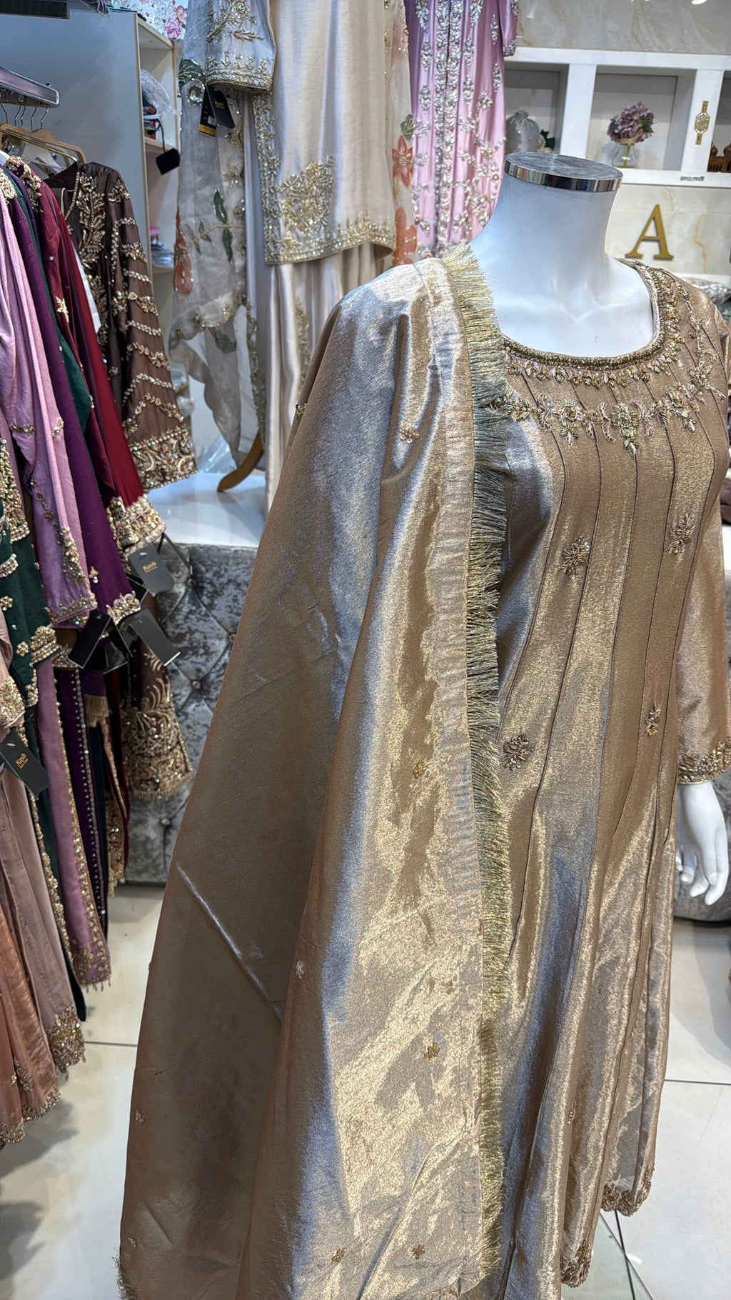 Sandy Brown Organza Frok with Dupatta