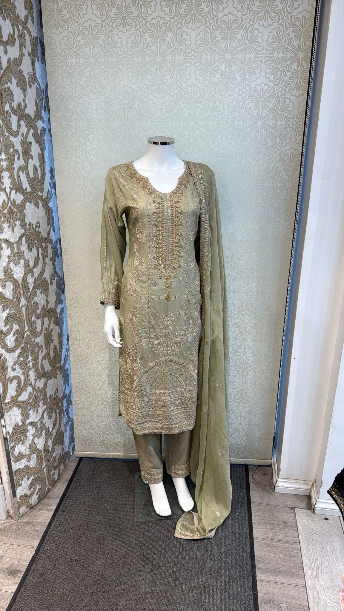 Vintage Olive Korean silk with hand embellishments on neck line