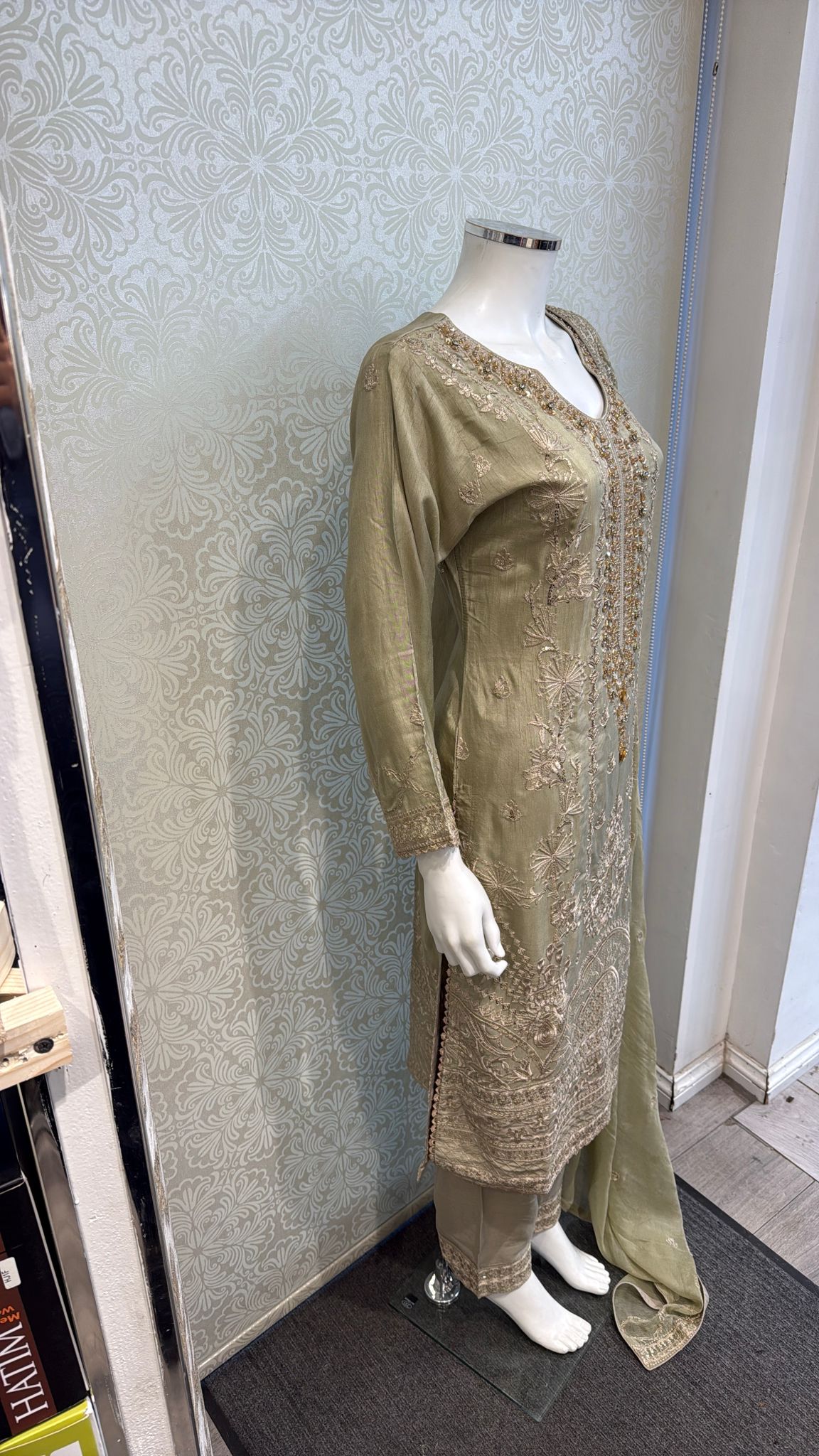 Vintage Olive Korean silk with hand embellishments on neck line