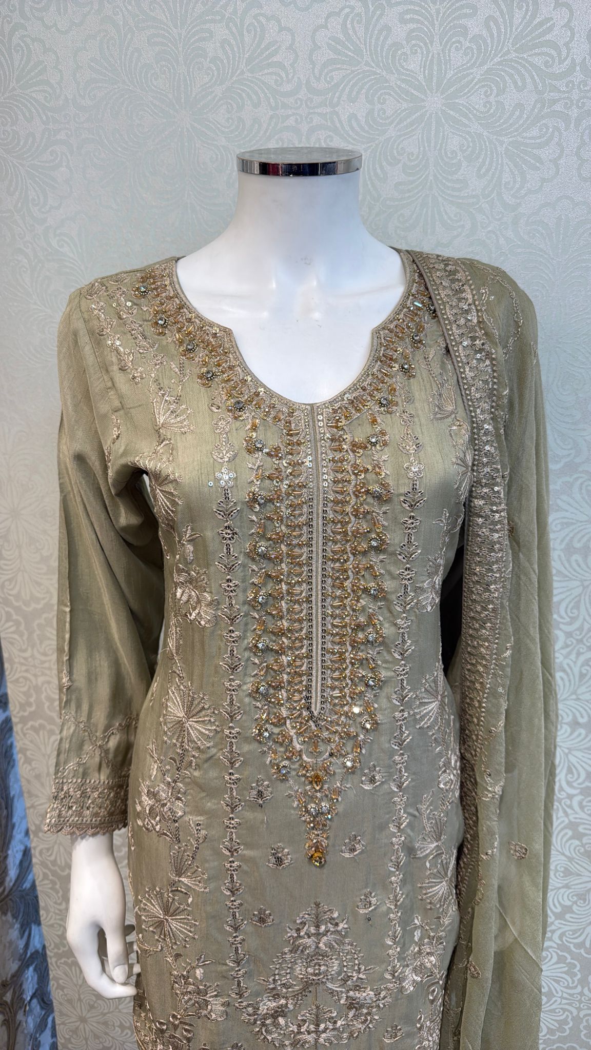 Vintage Olive Korean silk with hand embellishments on neck line