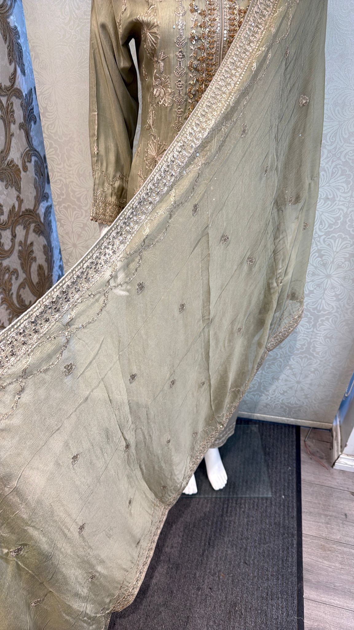 Vintage Olive Korean silk with hand embellishments on neck line