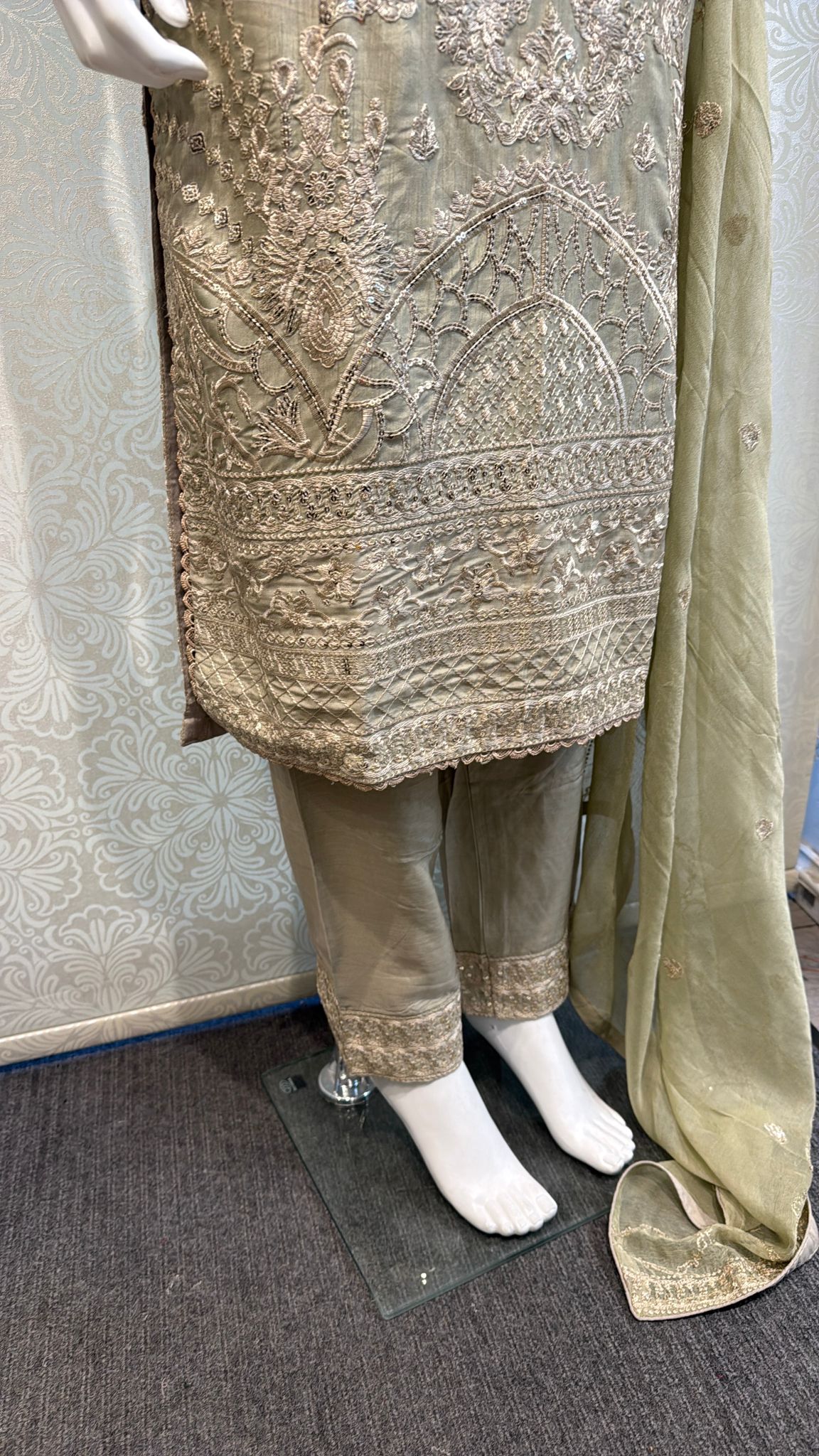 Vintage Olive Korean silk with hand embellishments on neck line