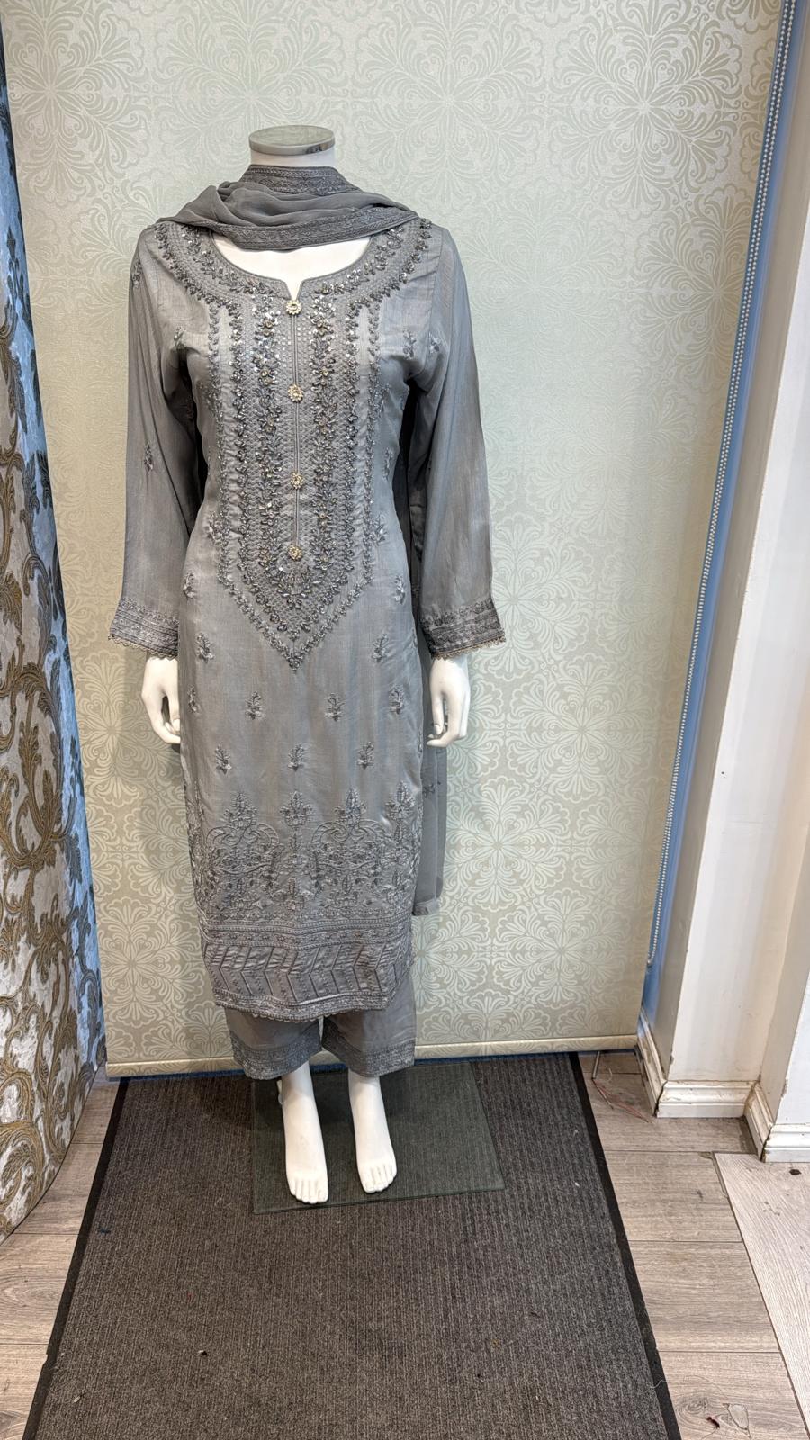 Stone Gray Korean silk with hand embellishments on neck line