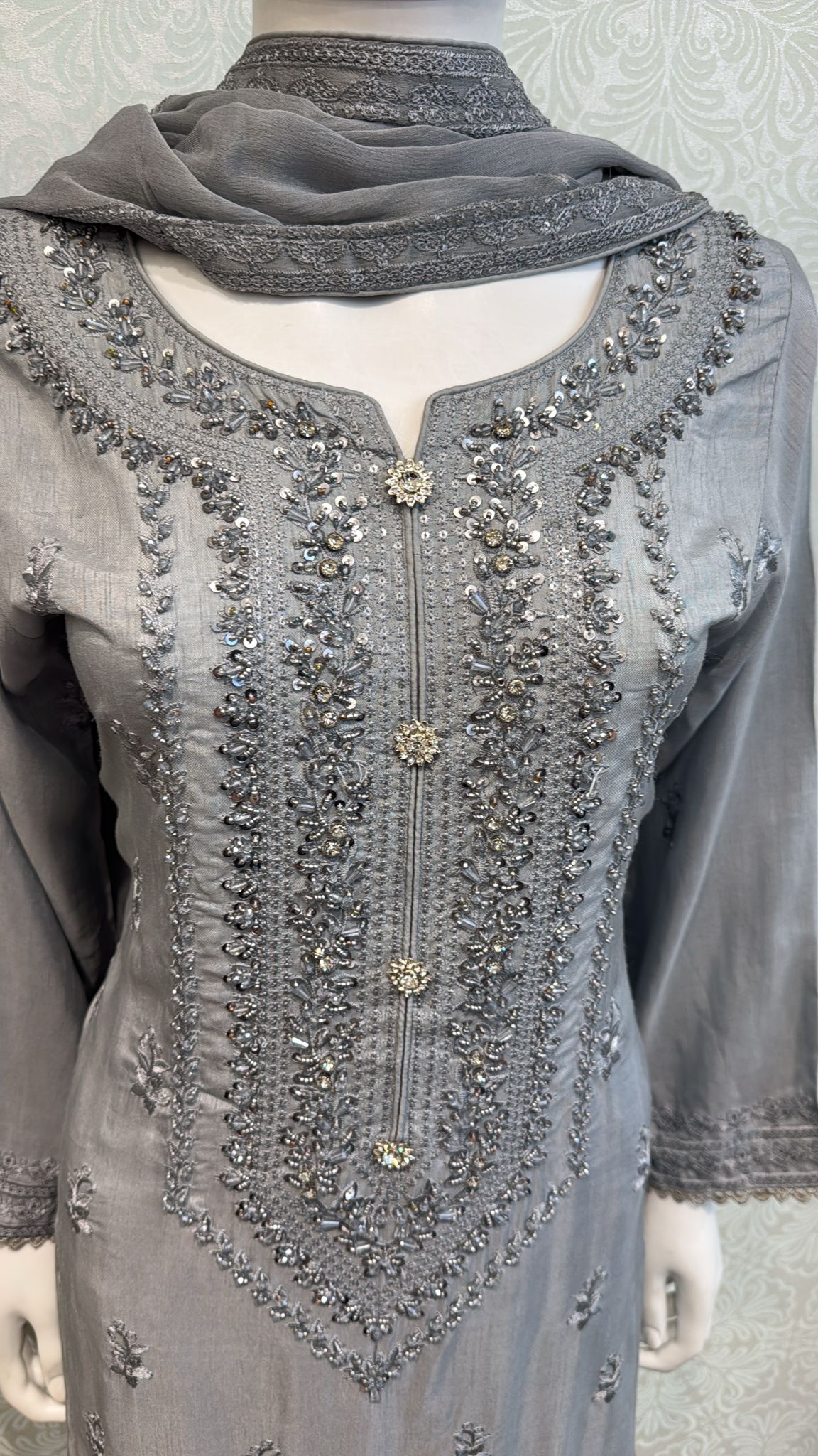 Stone Gray Korean silk with hand embellishments on neck line