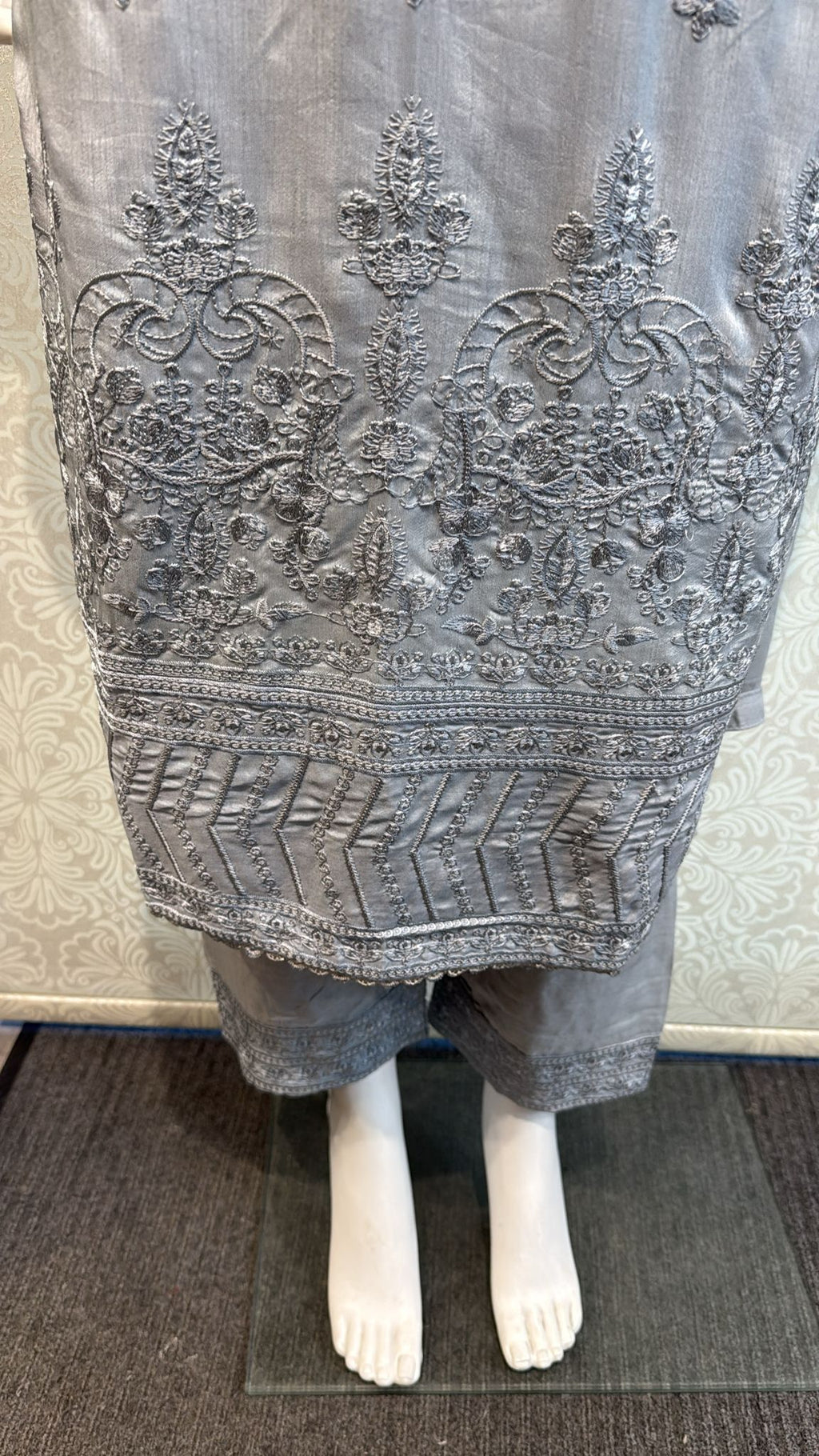 Stone Gray Korean silk with hand embellishments on neck line