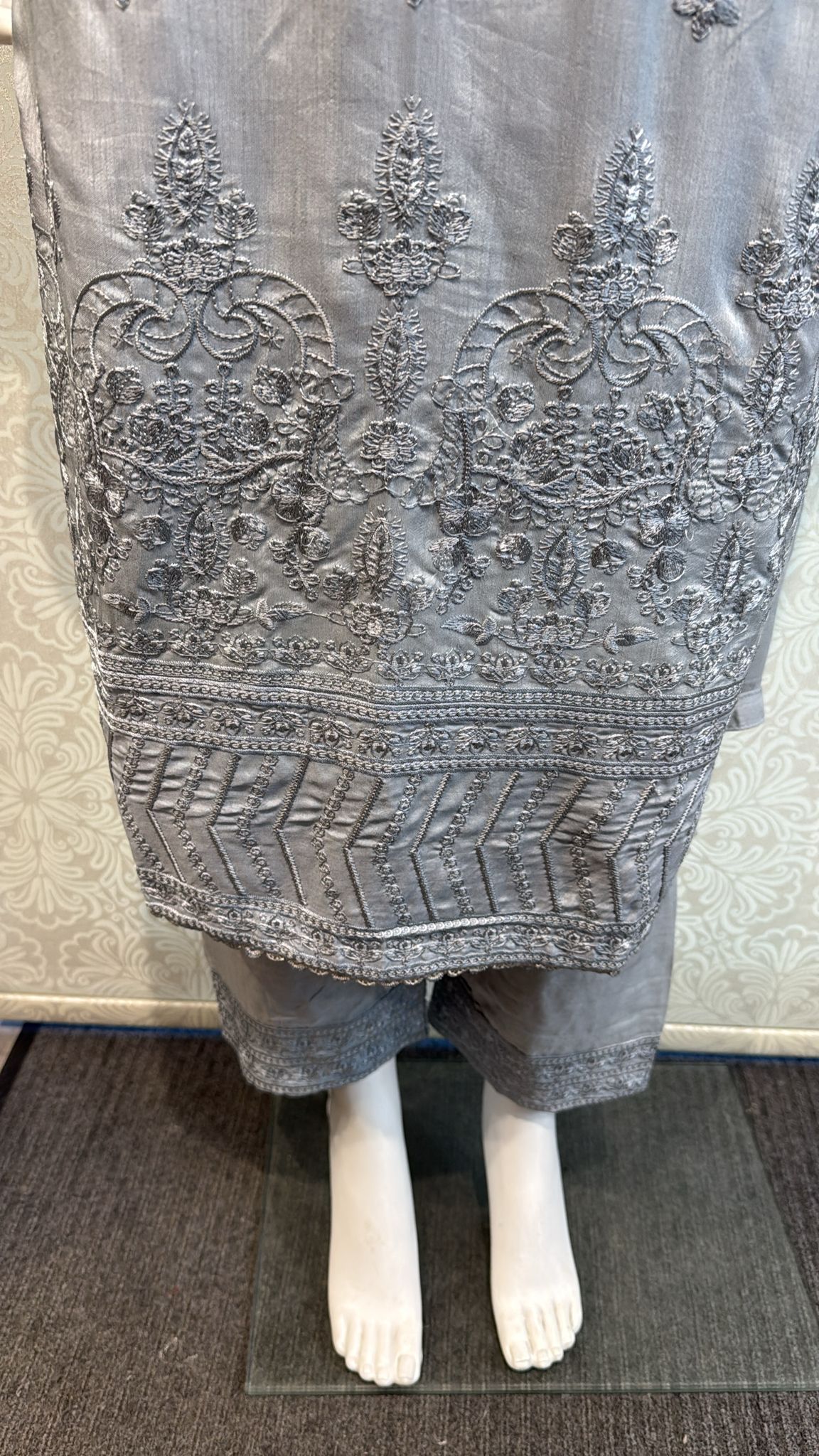 Stone Gray Korean silk with hand embellishments on neck line